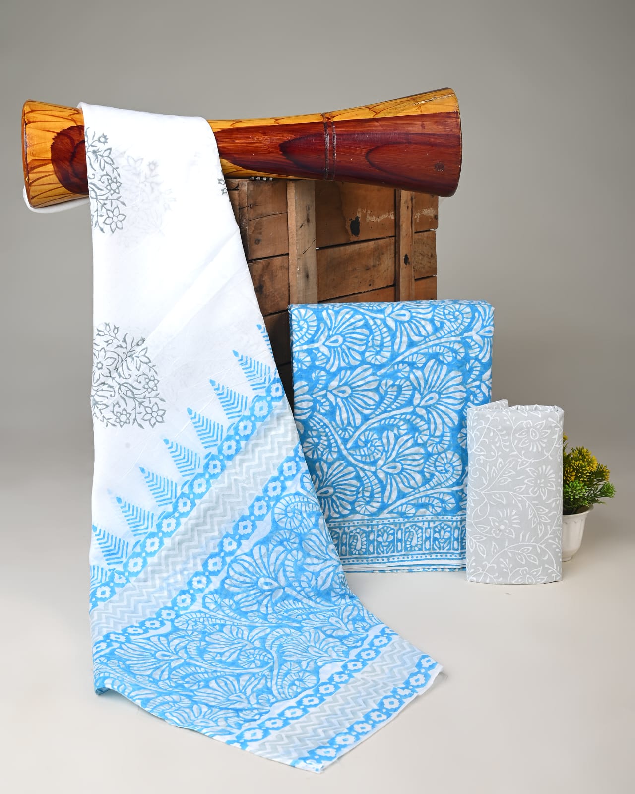 Pure cotton mulmul dress material wholesale in light blue jaal, handblock printed dress material for boutique, designer & bulk buyers – Fabtexs